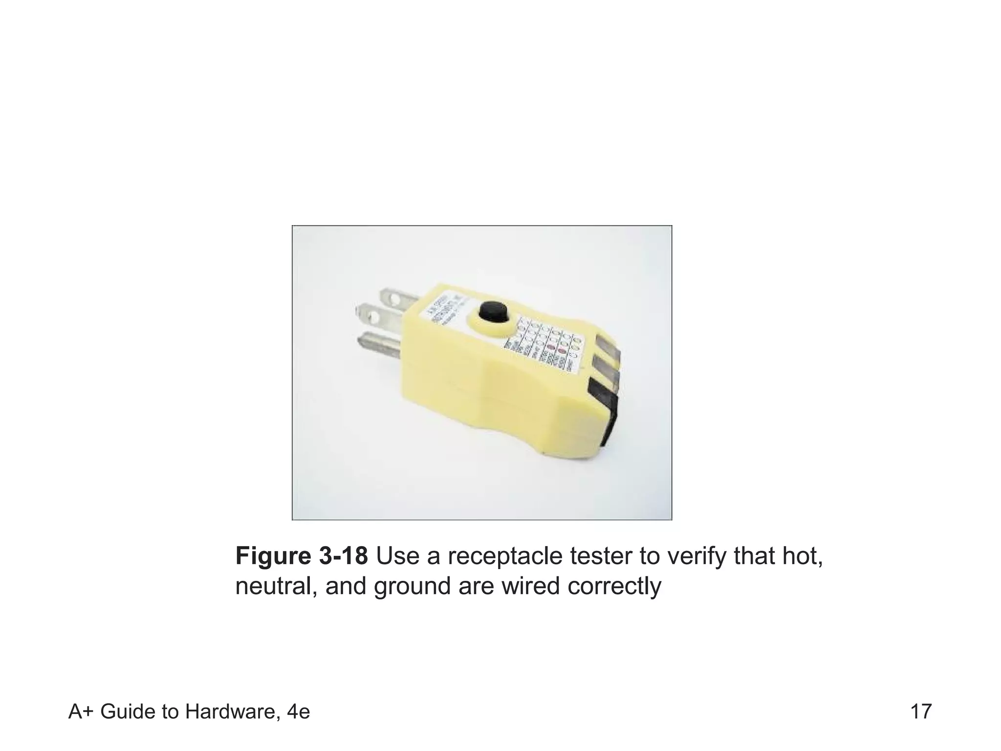 Figure 3-18 Use a receptacle tester to verify that hot,
                neutral, and ground are wired correctly



A+ Guide to Hardware, 4e                                                  17
 