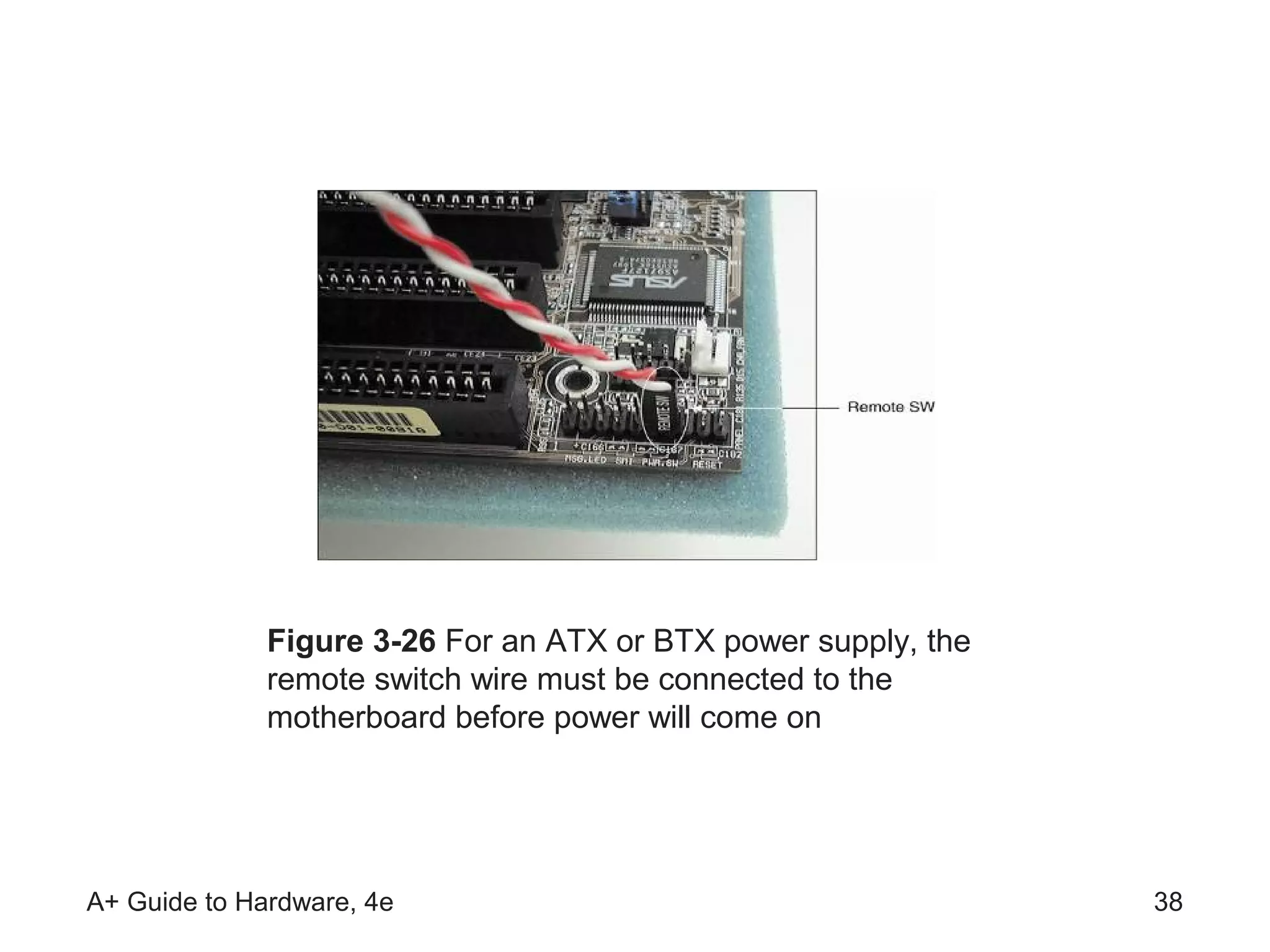 Figure 3-26 For an ATX or BTX power supply, the
              remote switch wire must be connected to the
              motherboard before power will come on




A+ Guide to Hardware, 4e                                        38
 