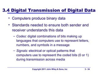 3.4 Digital Transmission of Digital Data
  • Computers produce binary data
  • Standards needed to ensure both sender and
    receiver understands this data
    – Codes: digital combinations of bits making up
      languages that computers use to represent letters,
      numbers, and symbols in a message
    – Signals: electrical or optical patterns that
      computers use to represent the coded bits (0 or 1)
      during transmission across media

                 Copyright 2011 John Wiley & Sons, Inc   3 - 34
 