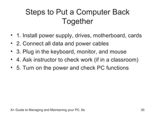 Steps to Put a Computer Back Together 1. Install power supply, drives, motherboard, cards 2. Connect all data and power cables 3. Plug in the keyboard, monitor, and mouse 4. Ask instructor to check work (if in a classroom) 5. Turn on the power and check PC functions 