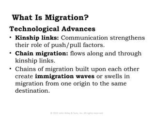 What Is Migration?
Technological Advances
• Kinship links: Communication strengthens
  their role of push/pull factors.
• Chain migration: flows along and through
  kinship links.
• Chains of migration built upon each other
  create immigration waves or swells in
  migration from one origin to the same
  destination.


            © 2012 John Wiley & Sons, Inc. All rights reserved.
 