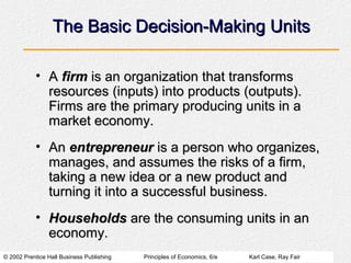 The Basic Decision-Making Units

           • A firm is an organization that transforms
             resources (inputs) into products (outputs).
             Firms are the primary producing units in a
             market economy.
           • An entrepreneur is a person who organizes,
             manages, and assumes the risks of a firm,
             taking a new idea or a new product and
             turning it into a successful business.
           • Households are the consuming units in an
             economy.
© 2002 Prentice Hall Business Publishing   Principles of Economics, 6/e   Karl Case, Ray Fair
 