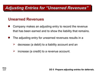 Slide
3-31
Unearned Revenues
Company makes an adjusting entry to record the revenue
that has been earned and to show the liability that remains.
The adjusting entry for unearned revenues results in a
 decrease (a debit) to a liability account and an
 increase (a credit) to a revenue account.
Adjusting Entries for “Unearned Revenues”Adjusting Entries for “Unearned Revenues”Adjusting Entries for “Unearned Revenues”Adjusting Entries for “Unearned Revenues”
SO 5 Prepare adjusting entries for deferrals.SO 5 Prepare adjusting entries for deferrals.
 