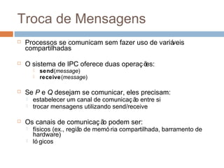 Troca de Mensagens
 Processos se comunicam sem fazer uso de variáveis
compartilhadas
 O sistema de IPC oferece duas operações:
 send(message)
 receive(message)
 Se P e Q desejam se comunicar, eles precisam:
 estabelecer um canal de comunicaç ão entre si
 trocar mensagens utilizando send/receive
 Os canais de comunicação podem ser:
 físicos (ex., região de memó ria compartilhada, barramento de
hardware)
 ló gicos
 