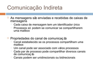Comunicação Indireta
 As mensagens são enviadas e recebidas de caixas de
mensagens
 Cada caixa de mensagem tem um identificador único
 Processos só podem se comunicar se compartilharem
uma mailbox
 Propriedades do canal de comunicaç ão
 Canal estabelecido se os processos compartilham uma
mailbox
 Um canal pode ser associado com vários processos
 Cada par de processo pode compartilhar diversos canais
de comunicação
 Canais podem ser unidirecionais ou bidirecionais
 