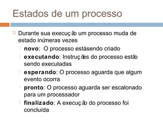 Estados de um processo
 Durante sua execuç ão um processo muda de
estado inúmeras vezes
 novo: O processo estásendo criado
 executando: Instruç ões do processo estão
sendo executadas
 esperando: O processo aguarda que algum
evento ocorra
 pronto: O processo aguarda ser escalonado
para um processador
 finalizado: A execuç ão do processo foi
concluída
 
