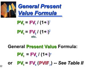 22

General Present
Value Formula
PV0 = FV1 / (1+i)1
PV0 = FV2 / (1+i)2
etc.

General Present Value Formula:
PV0 = FVn / (1+i)n
or

PV0 = FVn (PVIFi,n) -- See Table II

 