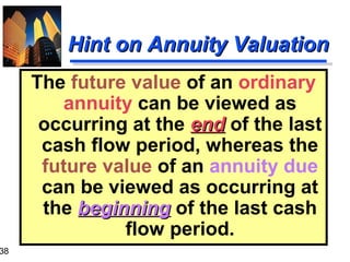 38

Hint on Annuity Valuation
The future value of an ordinary
annuity can be viewed as
occurring at the end of the last
cash flow period, whereas the
future value of an annuity due
can be viewed as occurring at
the beginning of the last cash
flow period.

 