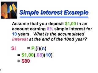 7

Simple Interest Example
Assume that you deposit $1,00 in an
account earning 8% simple interest for
10 years. What is the accumulated
interest at the end of the 10nd year?

SI

= P0(i)(n)
= $1,00(.08)(10)
= $80

 