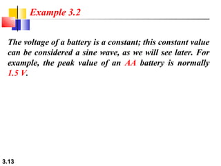Example 3.2
The voltage of a battery is a constant; this constant value
can be considered a sine wave, as we will see later. For
example, the peak value of an AA battery is normally
1.5 V.

3.13

 