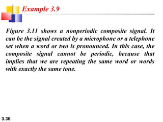 Example 3.9
Figure 3.11 shows a nonperiodic composite signal. It
can be the signal created by a microphone or a telephone
set when a word or two is pronounced. In this case, the
composite signal cannot be periodic, because that
implies that we are repeating the same word or words
with exactly the same tone.

3.36

 