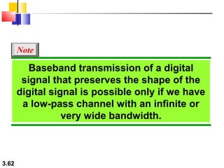 Note

Baseband transmission of a digital
signal that preserves the shape of the
digital signal is possible only if we have
a low-pass channel with an infinite or
very wide bandwidth.

3.62

 