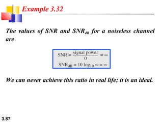 Example 3.32
The values of SNR and SNRdB for a noiseless channel
are

We can never achieve this ratio in real life; it is an ideal.

3.87

 