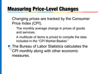 Measuring Price-Level Changes 
 Changing prices are tracked by the Consumer 
Price Index (CPI). 
 The monthly average change in prices of goods 
and services. 
 A multitude of items is priced to compile the data 
included in the “CPI Market Basket.” 
 The Bureau of Labor Statistics calculates the 
CPI monthly along with other economic 
measures. 
 