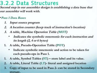 3.2.2 Data Structures
Second step in our assembler design is establishing a data base that
our assembler will work with.
•Pass 1 Data Bases
1. Input source program
2. A location counter (keep track of instruction’s location)
3. A table, Machine Operation Table (MOT)
• Indicates the symbolic mnemonic for each instruction and
its length (2, 4 or 6 bytes)
1. A table, Pseudo-Operation Table (POT)
• Indicate symbolic mnemonic and action to be taken for
each pseudo-ops in Pass 1.
1. A table, Symbol Tables (ST) – store label and its value.
2. A table, Literal Table (LT)- literal and assigned location
3. Copy of input to be used in Pass 2- can be stored in Secondary
storage.
 
