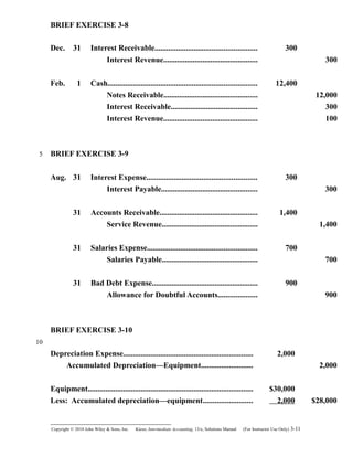 BRIEF EXERCISE 3-8
Dec. 31 Interest Receivable.................................................... 300
Interest Revenue................................................ 300
Feb. 1 Cash............................................................................ 12,400
Notes Receivable................................................ 12,000
Interest Receivable............................................ 300
Interest Revenue................................................ 100
BRIEF EXERCISE 3-9
Aug. 31 Interest Expense........................................................ 300
Interest Payable................................................. 300
31 Accounts Receivable.................................................. 1,400
Service Revenue................................................. 1,400
31 Salaries Expense........................................................ 700
Salaries Payable................................................. 700
31 Bad Debt Expense...................................................... 900
Allowance for Doubtful Accounts.................... 900
BRIEF EXERCISE 3-10
Depreciation Expense.................................................................. 2,000
Accumulated Depreciation—Equipment.......................... 2,000
Equipment.................................................................................... $30,000
Less: Accumulated depreciation—equipment......................... 2,000 $28,000
Copyright © 2010 John Wiley & Sons, Inc. Kieso,    Intermediate Accounting, 13/e, Solutions Manual (For Instructor Use Only)    3-11
5
10
 
