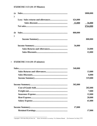 EXERCISE 3-13 (10–15 Minutes)
(a
)
Sales................................................................................... $800,000
Less: Sales returns and allowances................................ $24,000
Sales discount....................................................... 12,000 36,000
Net sales............................................................................. $764,000
(b
)
Sales................................................................................... 800,000
Income Summary..................................................... 800,000
Income Summary............................................................. 36,000
Sales Returns and Allowances................................. 24,000
Sales Discounts......................................................... 12,000
EXERCISE 3-14 (10–15 minutes)
Sales........................................................................................... 340,000
Sales Returns and Allowances........................................ 13,000
Sales Discounts................................................................. 8,000
Income Summary............................................................ 319,000
Income Summary..................................................................... 302,000
Cost of Goods Sold.......................................................... 202,000
Freight-out........................................................................ 7,000
Insurance Expense........................................................... 12,000
Rent Expense.................................................................... 20,000
Salary Expense................................................................. 61,000
Income Summary..................................................................... 17,000
Retained Earnings........................................................... 17,000
Copyright © 2010 John Wiley & Sons, Inc. Kieso,    Intermediate Accounting, 13/e, Solutions Manual (For Instructor Use Only)    3-31
5
 
