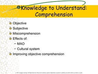 © 2013 Cengage Learning. All Rights Reserved. May not be scanned, copied or duplicated, or posted to a publicly accessible website, in whole or in part.
Knowledge to Understand:
Comprehension
Objective
Subjective
Miscomprehension
Effects of:
− MAO
− Cultural system
Improving objective comprehension
 