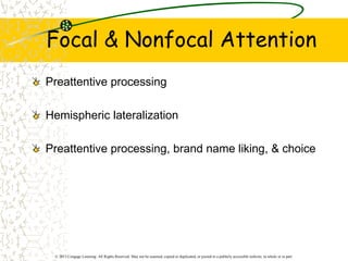© 2013 Cengage Learning. All Rights Reserved. May not be scanned, copied or duplicated, or posted to a publicly accessible website, in whole or in part.
Focal & Nonfocal Attention
Preattentive processing
Hemispheric lateralization
Preattentive processing, brand name liking, & choice
 