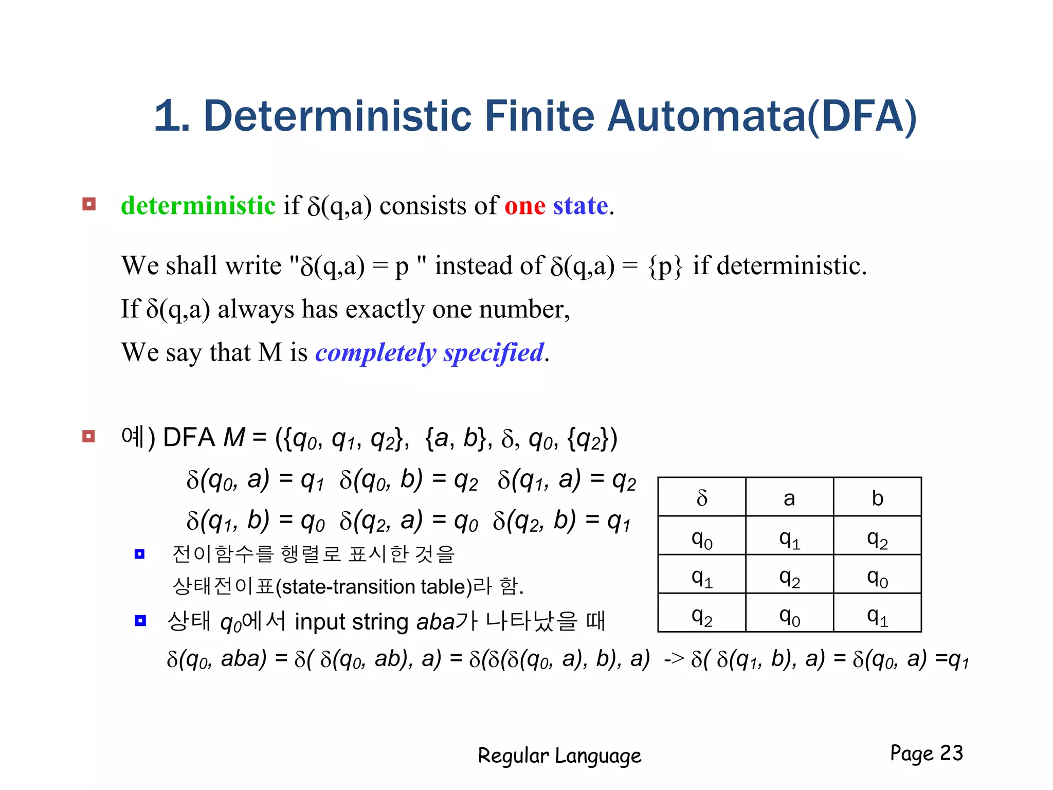 1. Deterministic Finite Automata(DFA)
 deterministic if (q,a) consists of one state.
We shall write "(q,a) = p " instead of (q,a) = {p} if deterministic.
If δ(q,a) always has exactly one number,
We say that M is completely specified.
 예) DFA M = ({q0, q1, q2}, {a, b}, , q0, {q2})
(q0, a) = q1 (q0, b) = q2 (q1, a) = q2
(q1, b) = q0 (q2, a) = q0 (q2, b) = q1
 전이함수를 행렬로 표시한 것을
상태전이표(state-transition table)라 함.
 상태 q0에서 input string aba가 나타났을 때
(q0, aba) = ( (q0, ab), a) = (((q0, a), b), a) -> ( (q1, b), a) = (q0, a) =q1
Regular Language Page 23
 a b
q0 q1 q2
q1 q2 q0
q2 q0 q1
 