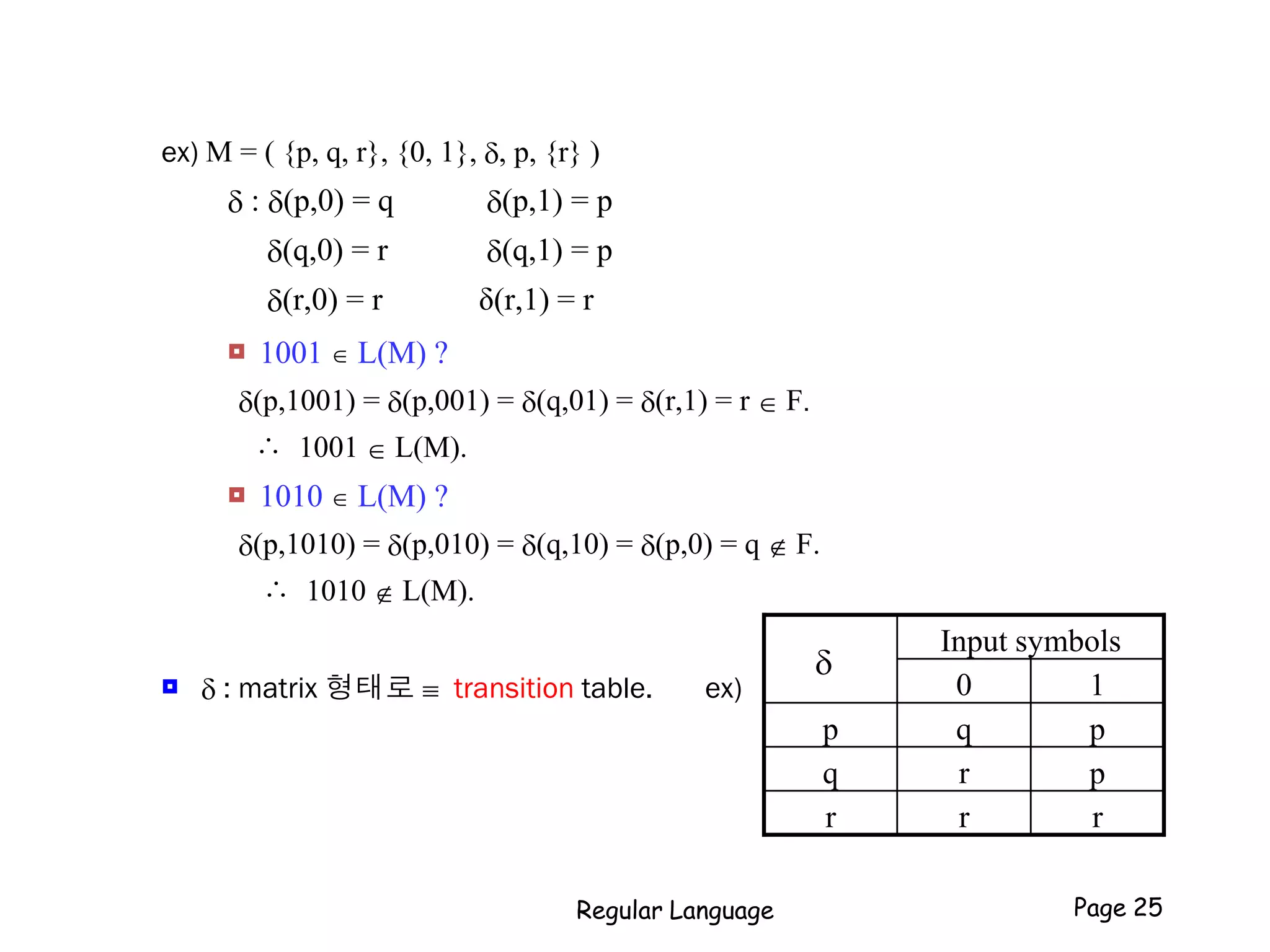 ex) M = ( {p, q, r}, {0, 1}, , p, {r} )
 : (p,0) = q (p,1) = p
(q,0) = r (q,1) = p
(r,0) = r δ(r,1) = r
 1001  L(M) ?
(p,1001) = (p,001) = (q,01) = (r,1) = r  F．
∴ 1001  L(M).
 1010  L(M) ?
(p,1010) = (p,010) = (q,10) = (p,0) = q  F.
∴ 1010  L(M).
  : matrix 형태로  transition table. ex)
Regular Language Page 25
pqp
rrr
prq
10
Input symbols

 