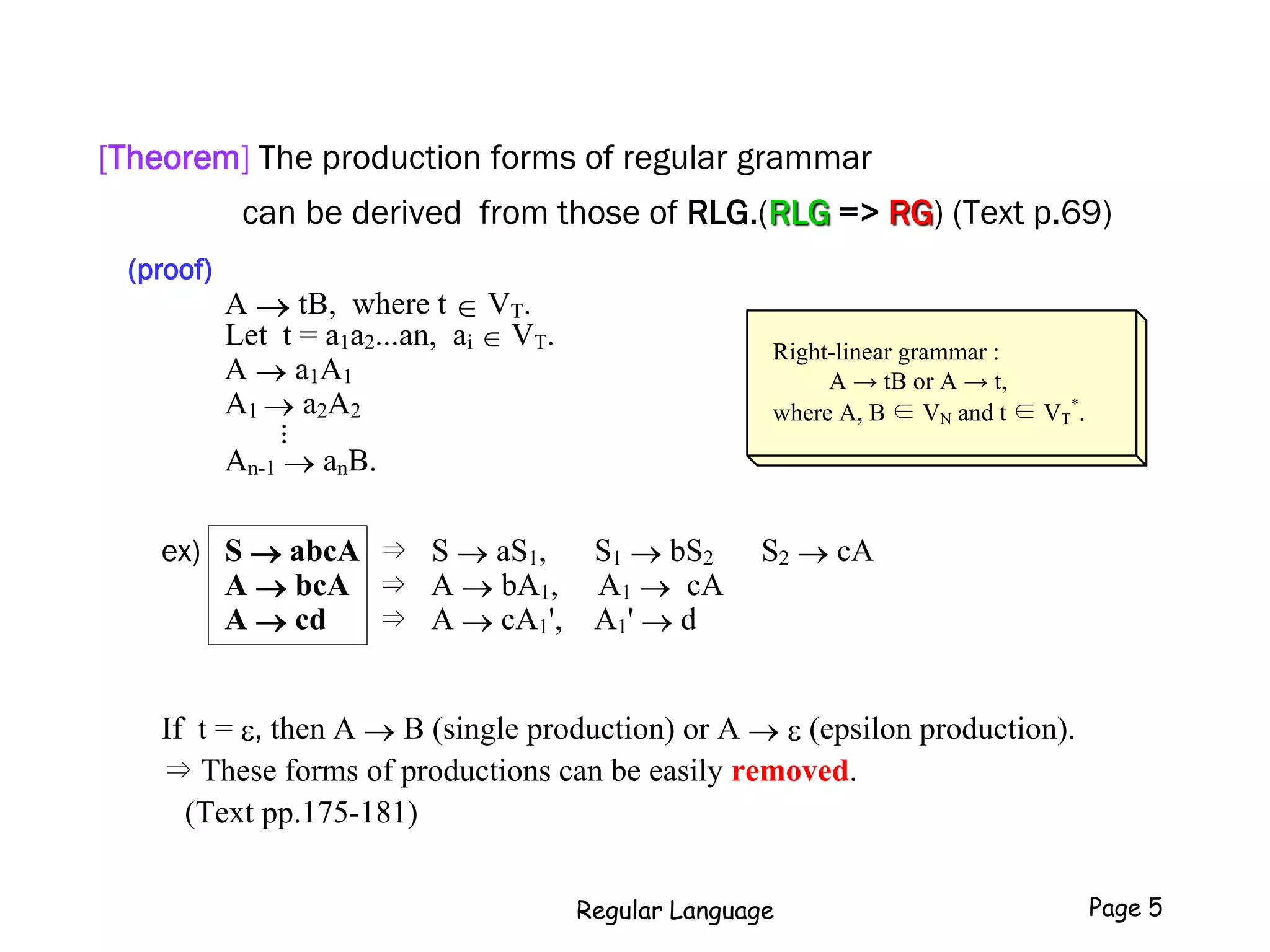 [Theorem] The production forms of regular grammar
can be derived from those of RLG.(RLG => RG) (Text p.69)
(proof)
A  tB, where t  VT.
Let t = a1a2...an, ai  VT.
A  a1A1
A1  a2A2...
An-1  anB.
ex) S  abcA ⇒ S  aS1, S1  bS2 S2  cA
A  bcA ⇒ A  bA1, A1  cA
A  cd ⇒ A  cA1', A1'  d
If t = e, then A  B (single production) or A  e (epsilon production).
⇒ These forms of productions can be easily removed.
(Text pp.175-181)
Right-linear grammar :
A → tB or A → t,
where A, B ∈ VN and t ∈ VT
*
.
Regular Language Page 5
 