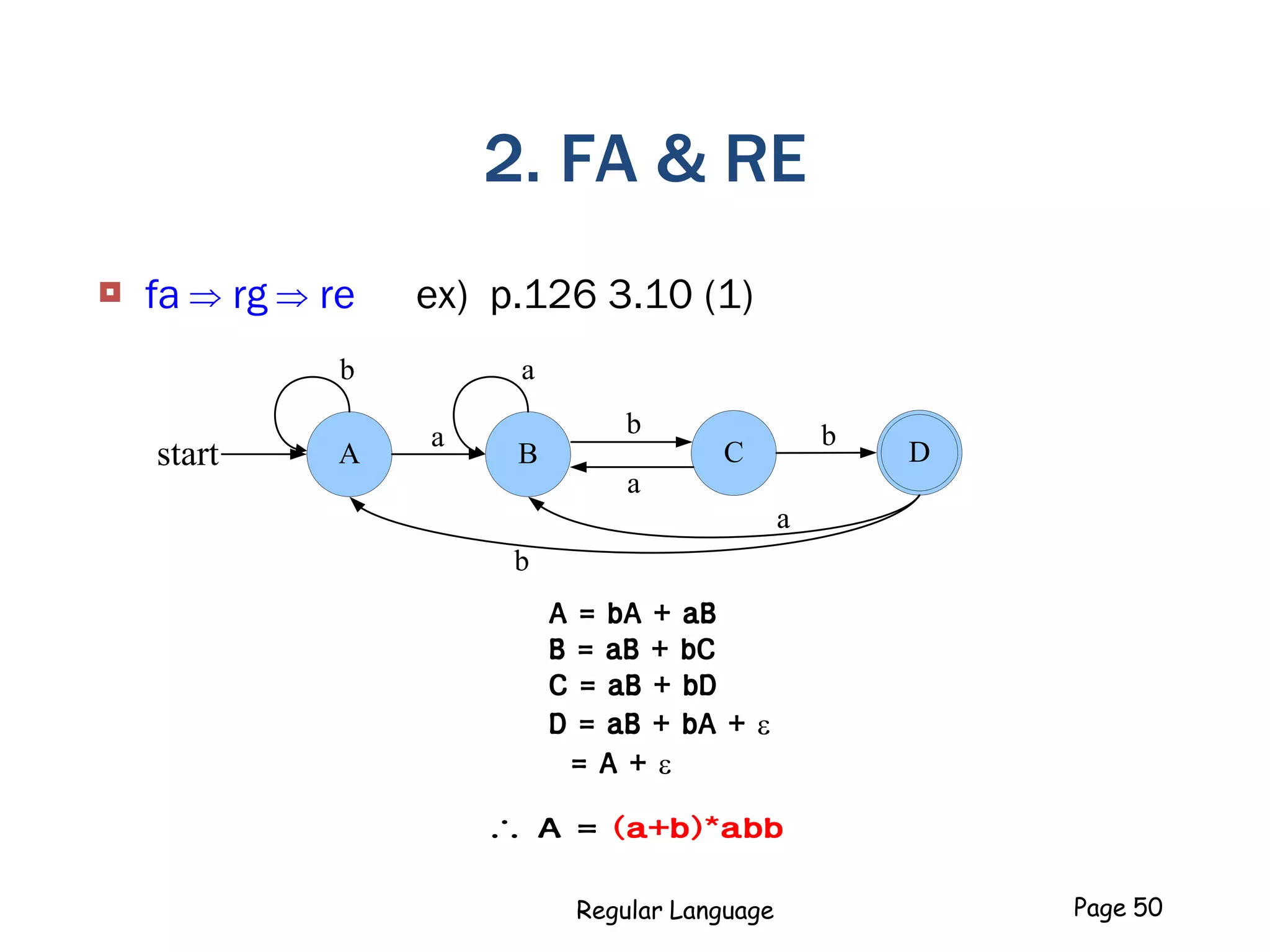 2. FA & RE
 fa  rg  re ex) p.126 3.10 (1)
A Dstart
b
C
b
a
b
B
a
a
a
b
A = bA + aB
B = aB + bC
C = aB + bD
D = aB + bA + e
= A + e
 A = (a+b)*abb
Regular Language Page 50
 
