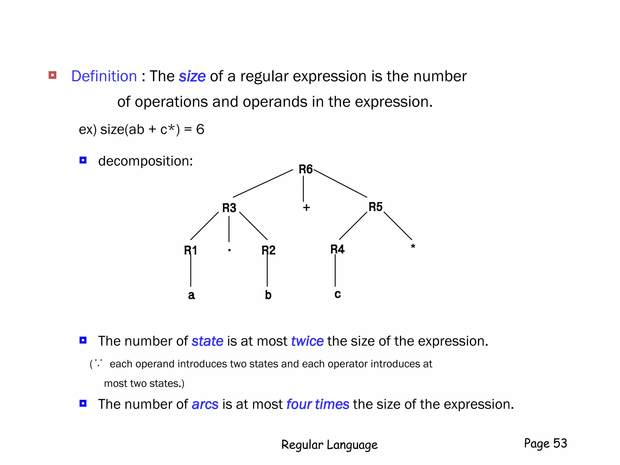  Definition : The size of a regular expression is the number
of operations and operands in the expression.
ex) size(ab + c*) = 6
 decomposition:
 The number of state is at most twice the size of the expression.
(∵ each operand introduces two states and each operator introduces at
most two states.)
 The number of arcs is at most four times the size of the expression.
*
R6
R3 +
R1 R2
R5
R4
a b c
.
Regular Language Page 53
 