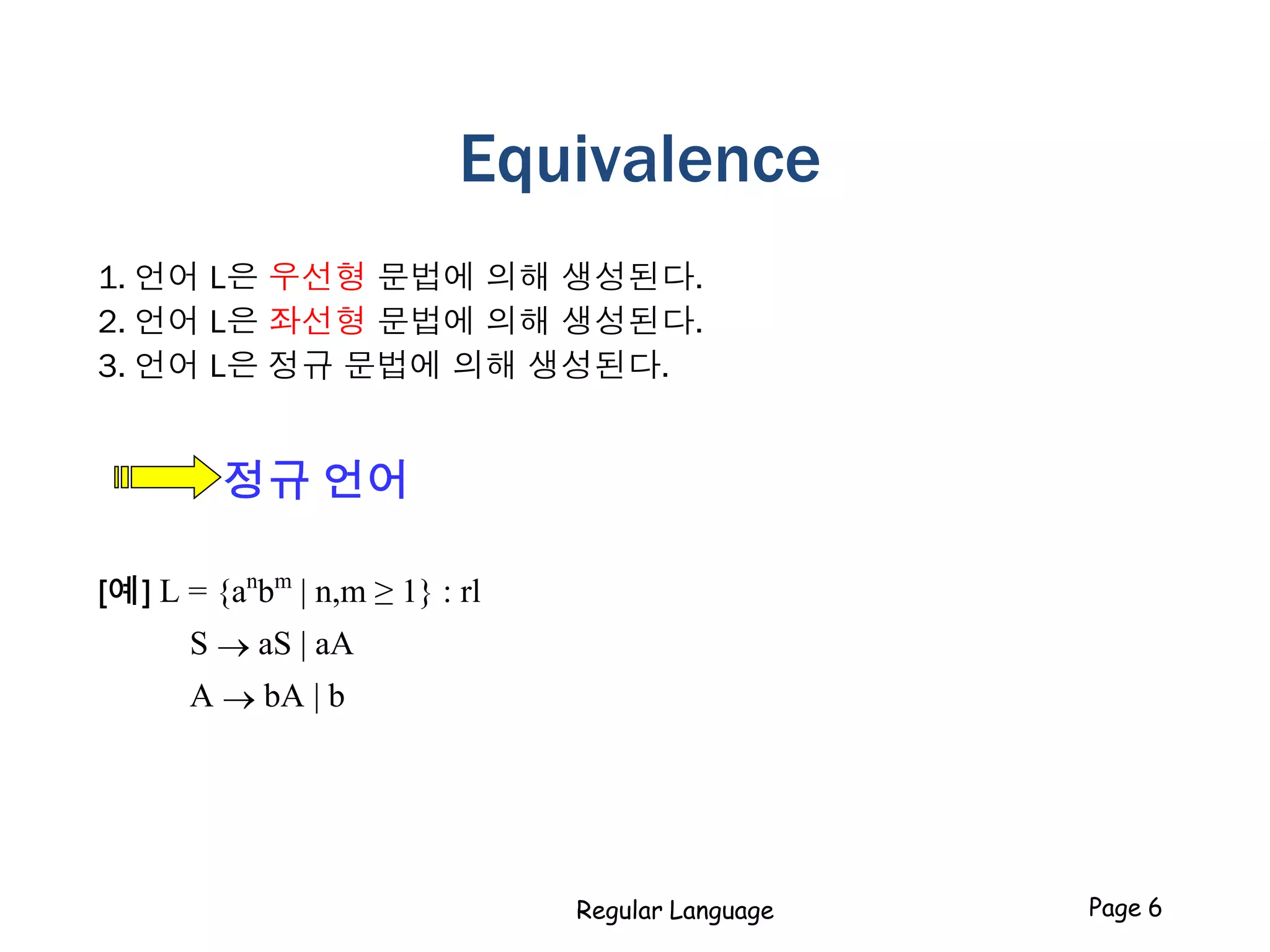 Equivalence
1. 언어 L은 우선형 문법에 의해 생성된다.
2. 언어 L은 좌선형 문법에 의해 생성된다.
3. 언어 L은 정규 문법에 의해 생성된다.
정규 언어
[예] L = {an
bm
| n,m ≥ 1} : rl
S  aS | aA
A  bA | b
Regular Language Page 6
 