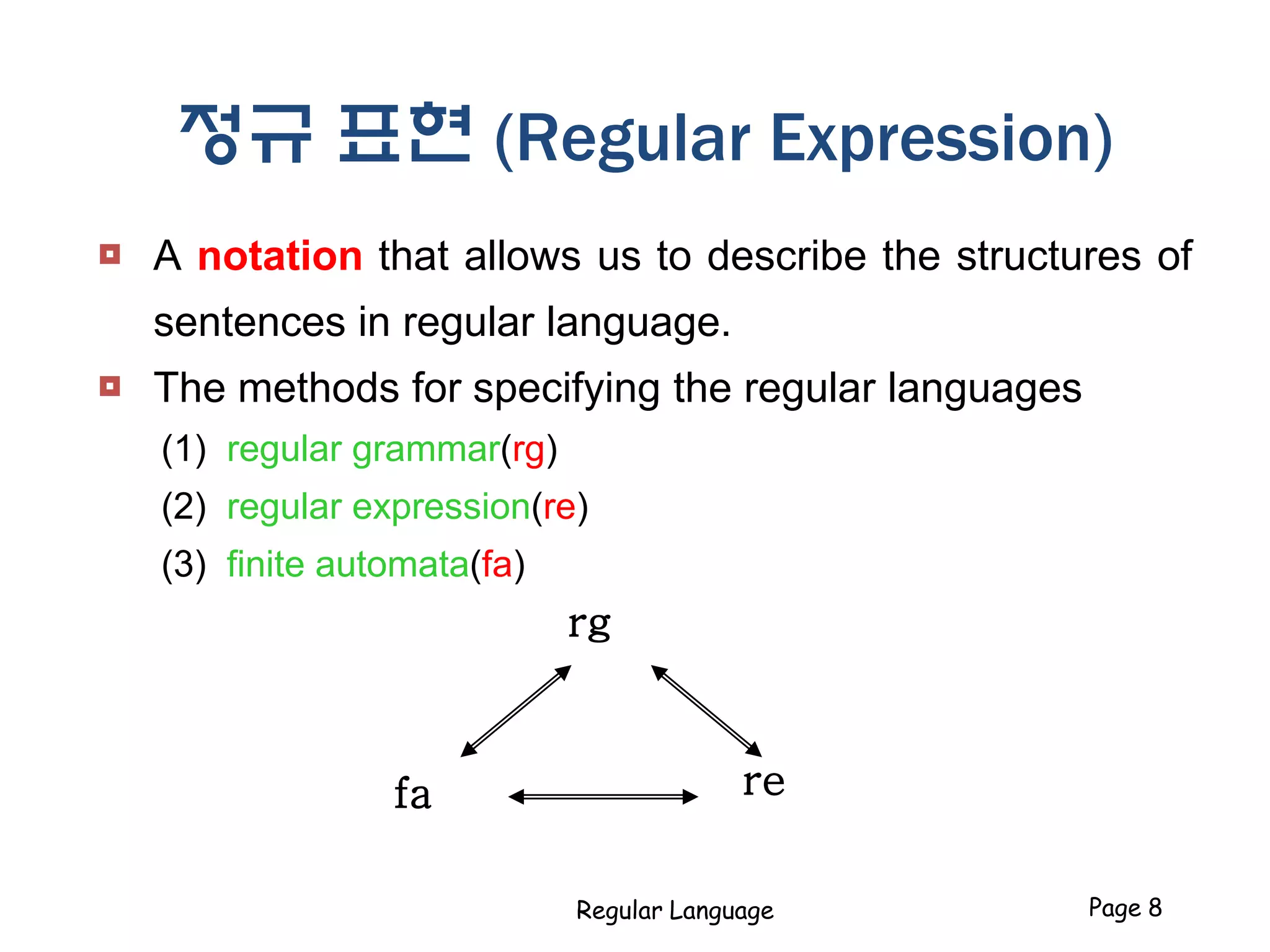 정규 표현 (Regular Expression)
 A notation that allows us to describe the structures of
sentences in regular language.
 The methods for specifying the regular languages
(1) regular grammar(rg)
(2) regular expression(re)
(3) finite automata(fa)
Regular Language Page 8
rg
refa
 