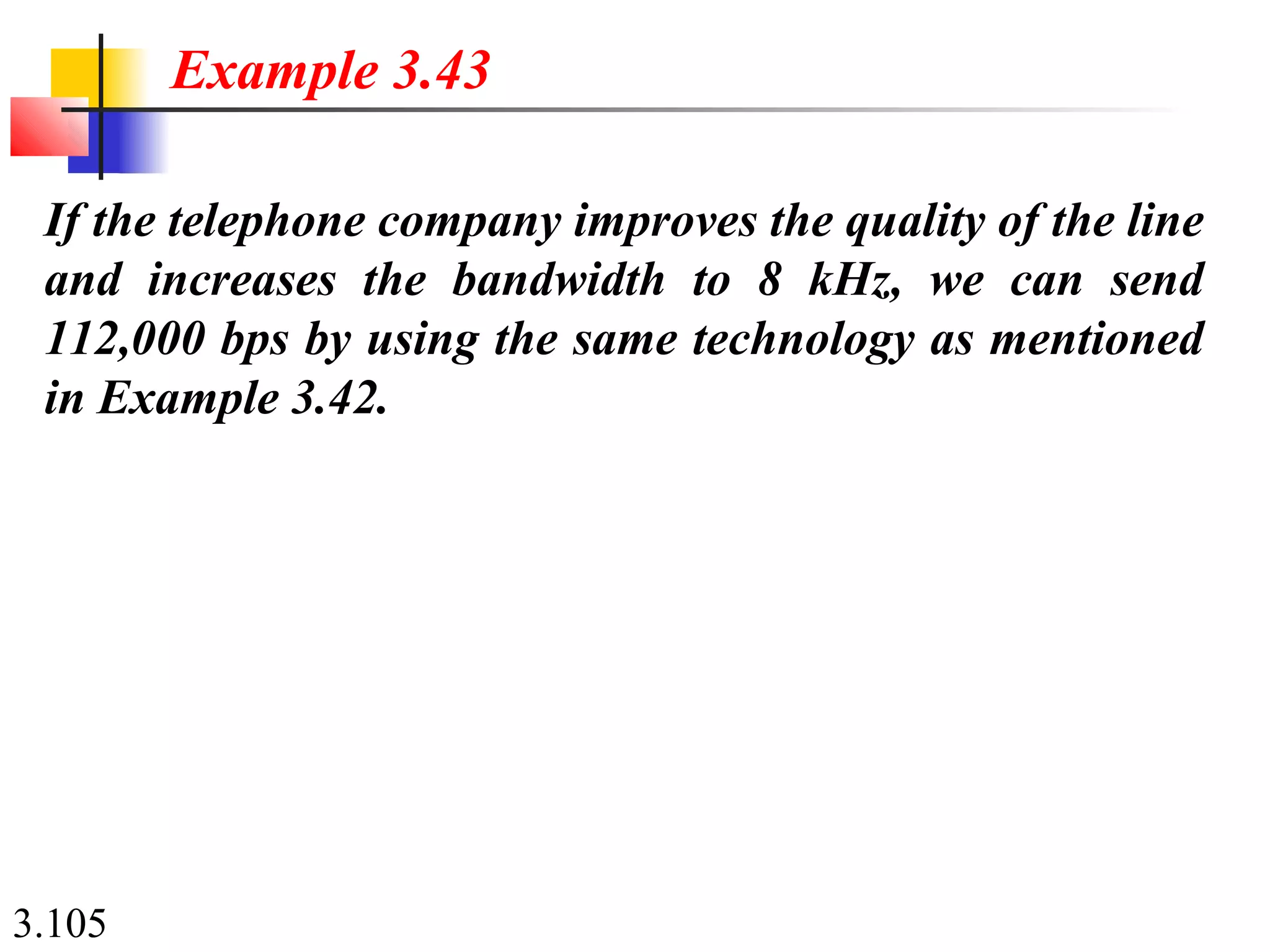 3.105
If the telephone company improves the quality of the line
and increases the bandwidth to 8 kHz, we can send
112,000 bps by using the same technology as mentioned
in Example 3.42.
Example 3.43
 