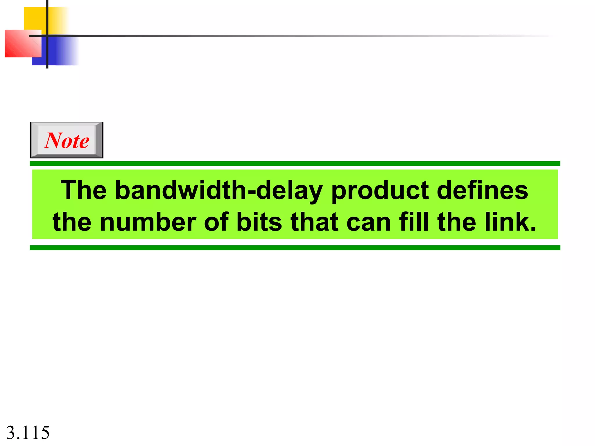 3.115
The bandwidth-delay product defines
the number of bits that can fill the link.
Note
 