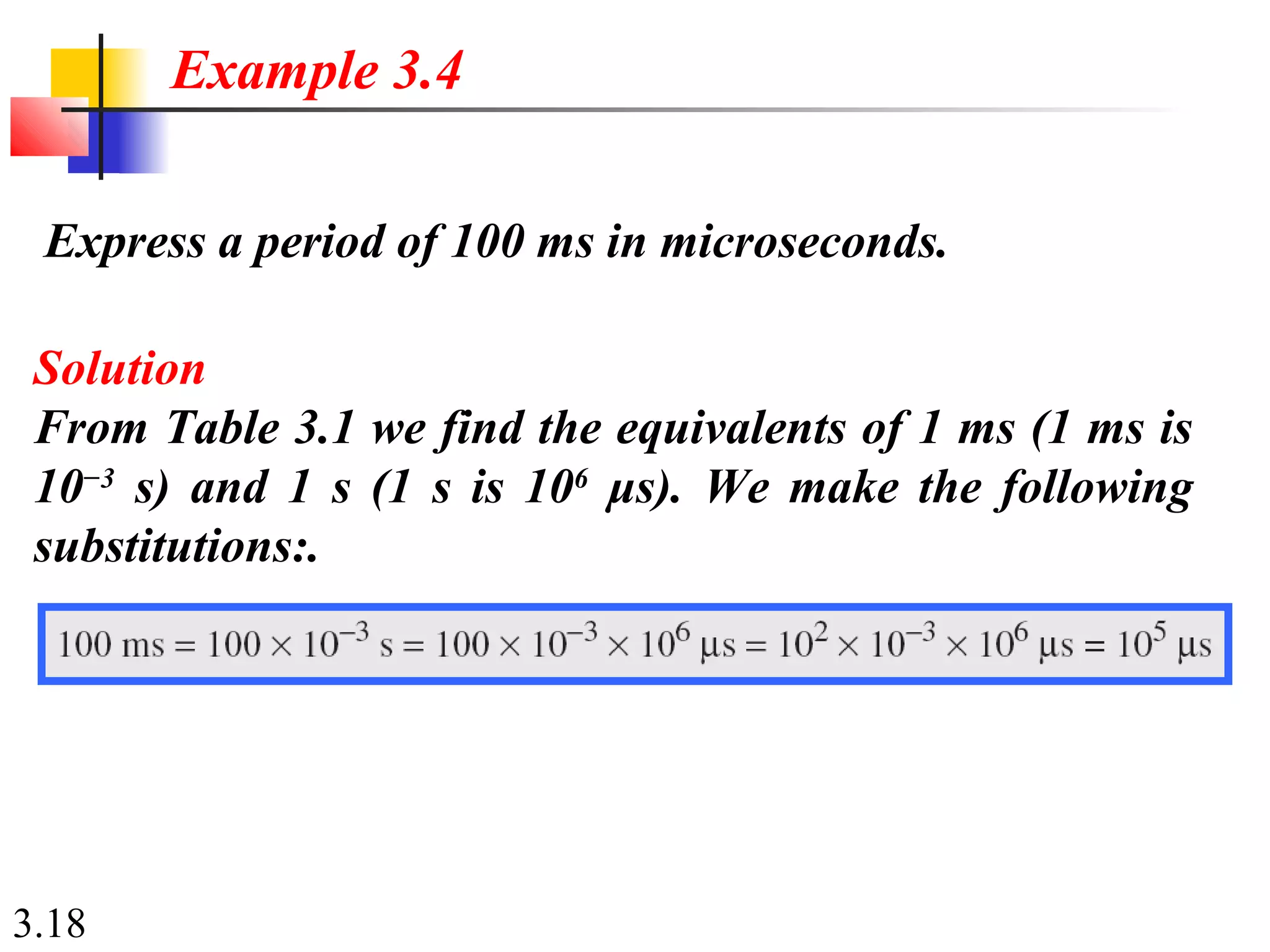 3.18
Express a period of 100 ms in microseconds.
Example 3.4
Solution
From Table 3.1 we find the equivalents of 1 ms (1 ms is
10−3
s) and 1 s (1 s is 106
μs). We make the following
substitutions:.
 