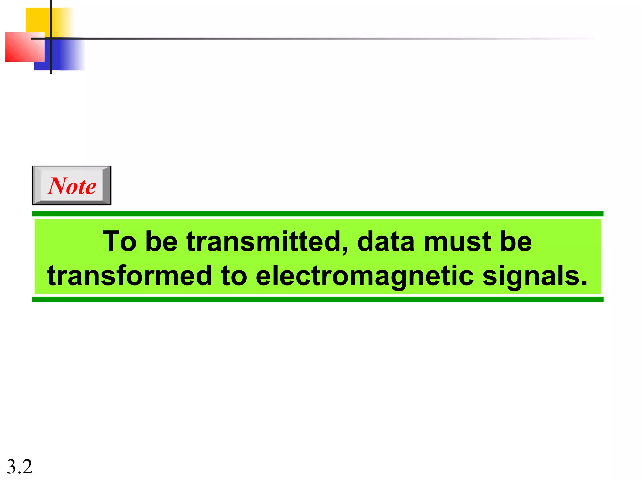 3.2
To be transmitted, data must be
transformed to electromagnetic signals.
Note
 