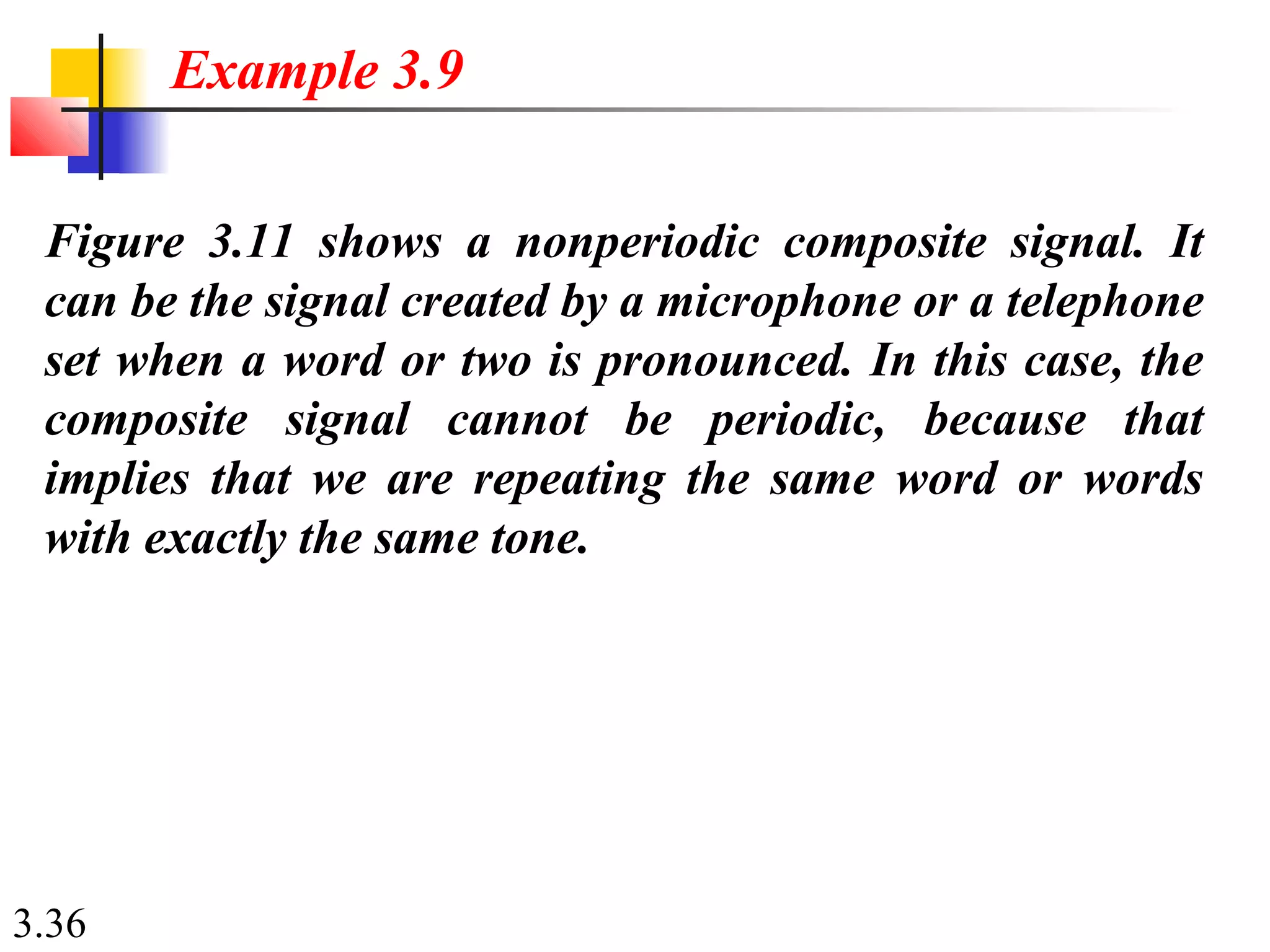 3.36
Figure 3.11 shows a nonperiodic composite signal. It
can be the signal created by a microphone or a telephone
set when a word or two is pronounced. In this case, the
composite signal cannot be periodic, because that
implies that we are repeating the same word or words
with exactly the same tone.
Example 3.9
 
