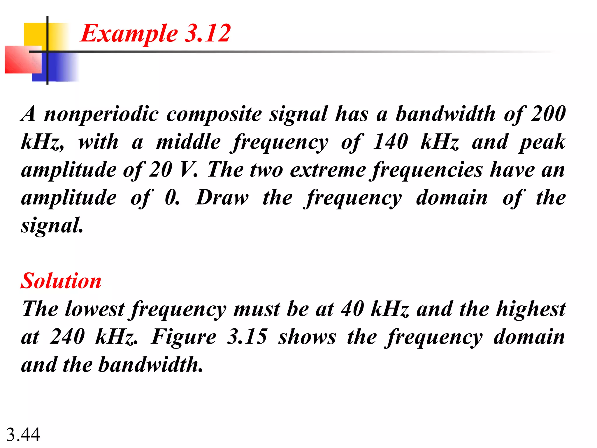 3.44
A nonperiodic composite signal has a bandwidth of 200
kHz, with a middle frequency of 140 kHz and peak
amplitude of 20 V. The two extreme frequencies have an
amplitude of 0. Draw the frequency domain of the
signal.
Solution
The lowest frequency must be at 40 kHz and the highest
at 240 kHz. Figure 3.15 shows the frequency domain
and the bandwidth.
Example 3.12
 