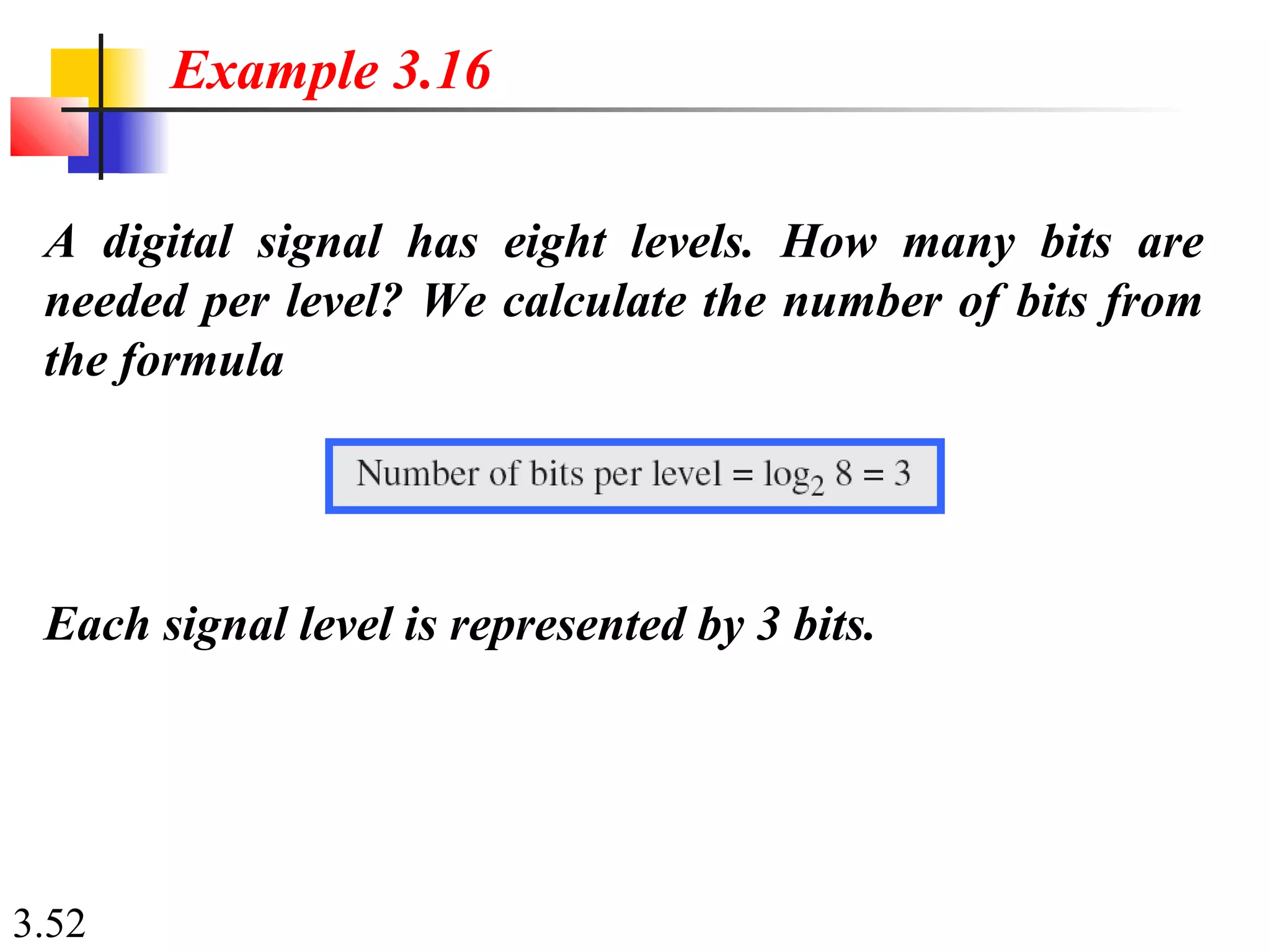 3.52
A digital signal has eight levels. How many bits are
needed per level? We calculate the number of bits from
the formula
Example 3.16
Each signal level is represented by 3 bits.
 
