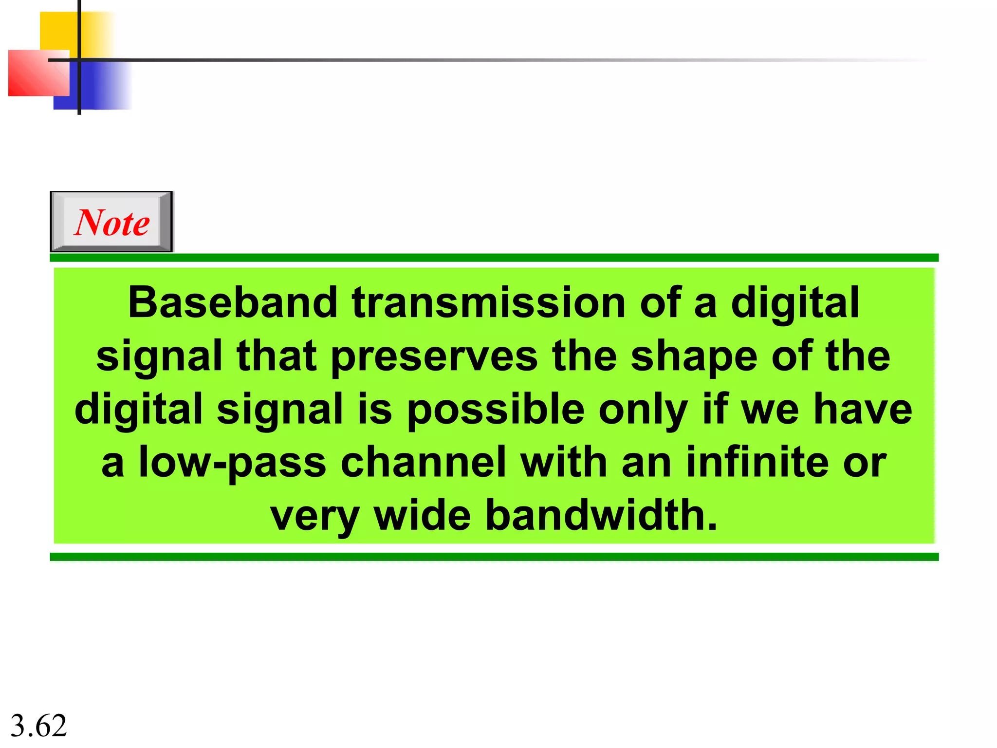 3.62
Baseband transmission of a digital
signal that preserves the shape of the
digital signal is possible only if we have
a low-pass channel with an infinite or
very wide bandwidth.
Note
 