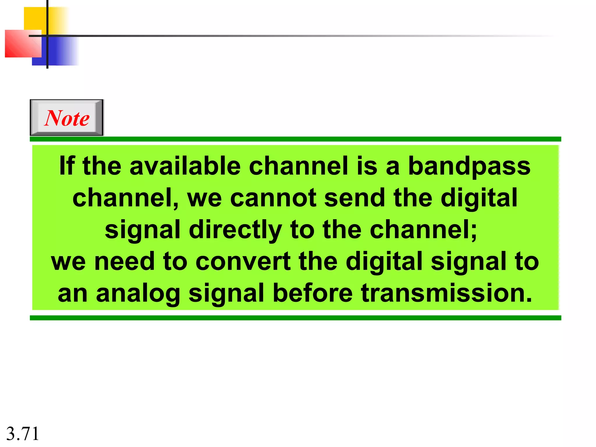 3.71
If the available channel is a bandpass
channel, we cannot send the digital
signal directly to the channel;
we need to convert the digital signal to
an analog signal before transmission.
Note
 