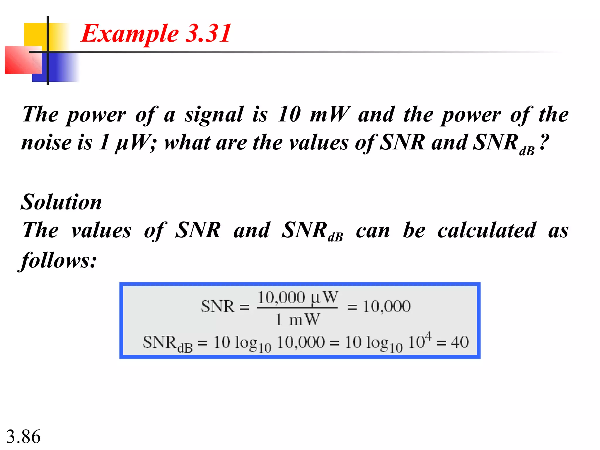 3.86
The power of a signal is 10 mW and the power of the
noise is 1 μW; what are the values of SNR and SNRdB ?
Solution
The values of SNR and SNRdB can be calculated as
follows:
Example 3.31
 