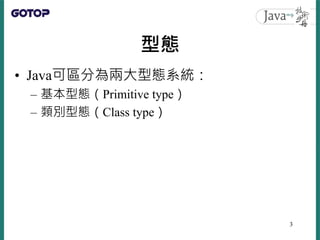 型態
• Java可區分為兩大型態系統：
– 基本型態（Primitive type）
– 類別型態（Class type）
3
 