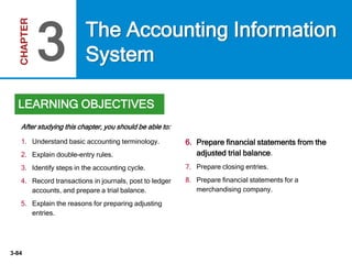 3-84
1. Understand basic accounting terminology.
2. Explain double-entry rules.
3. Identify steps in the accounting cycle.
4. Record transactions in journals, post to ledger
accounts, and prepare a trial balance.
5. Explain the reasons for preparing adjusting
entries.
6. Prepare financial statements from the
adjusted trial balance.
7. Prepare closing entries.
8. Prepare financial statements for a
merchandising company.
After studying this chapter, you should be able to:
The Accounting Information
System3
LEARNING OBJECTIVES
 