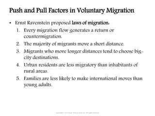 Push and Pull Factors in Voluntary Migration
• Ernst Ravenstein proposed laws of migration:
1. Every migration flow generates a return or
countermigration.
2. The majority of migrants move a short distance.
3. Migrants who move longer distances tend to choose big-
city destinations.
4. Urban residents are less migratory than inhabitants of
rural areas.
5. Families are less likely to make international moves than
young adults.
Copyright © 2015 John Wiley & Sons, Inc. All rights reserved.
 