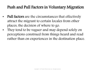 • Pull factors are the circumstances that effectively
attract the migrant to certain locales from other
places, the decision of where to go.
• They tend to be vaguer and may depend solely on
perceptions construed from things heard and read
rather than on experiences in the destination place.
Copyright © 2015 John Wiley & Sons, Inc. All rights reserved.
Push and Pull Factors in Voluntary Migration
 