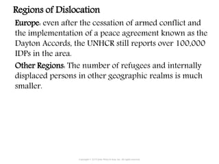 Copyright © 2015 John Wiley & Sons, Inc. All rights reserved.
Regions of Dislocation
Europe: even after the cessation of armed conflict and
the implementation of a peace agreement known as the
Dayton Accords, the UNHCR still reports over 100,000
IDPs in the area.
Other Regions: The number of refugees and internally
displaced persons in other geographic realms is much
smaller.
 