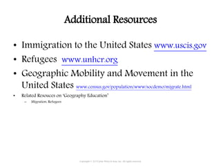 Additional Resources
• Immigration to the United States www.uscis.gov
• Refugees www.unhcr.org
• Geographic Mobility and Movement in the
United States www.census.gov/population/www/socdemo/migrate.html
• Related Resouces on ‘Geography Education’
– Migration, Refugees
Copyright © 2015 John Wiley & Sons, Inc. All rights reserved.
 