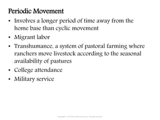 Periodic Movement
• Involves a longer period of time away from the
home base than cyclic movement
• Migrant labor
• Transhumance, a system of pastoral farming where
ranchers move livestock according to the seasonal
availability of pastures
• College attendance
• Military service
Copyright © 2015 John Wiley & Sons, Inc. All rights reserved.
 