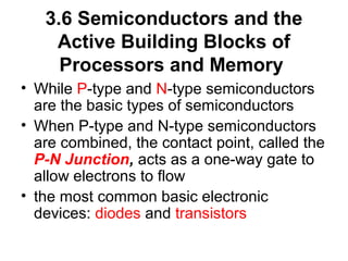 3.6 Semiconductors and the
Active Building Blocks of
Processors and Memory
• While P-type and N-type semiconductors
are the basic types of semiconductors
• When P-type and N-type semiconductors
are combined, the contact point, called the
P-N Junction, acts as a one-way gate to
allow electrons to flow
• the most common basic electronic
devices: diodes and transistors
 