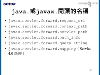 java.或javax.開頭的名稱
• javax.servlet.forward.request_uri
• javax.servlet.forward.context_path
• javax.servlet.forward.servlet...