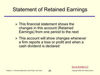 29
Chapter 3 – Financial Statements, Cash Flows, and Taxes Copyright 2008 John Wiley & Sons
Statement of Retained Earnings
 This account will show changes whenever
a firm reports a loss or profit and when a
cash dividend is declared
 This financial statement shows the
changes in this account (Retained
Earnings) from one period to the next
Go to Exhibit 3.3
 